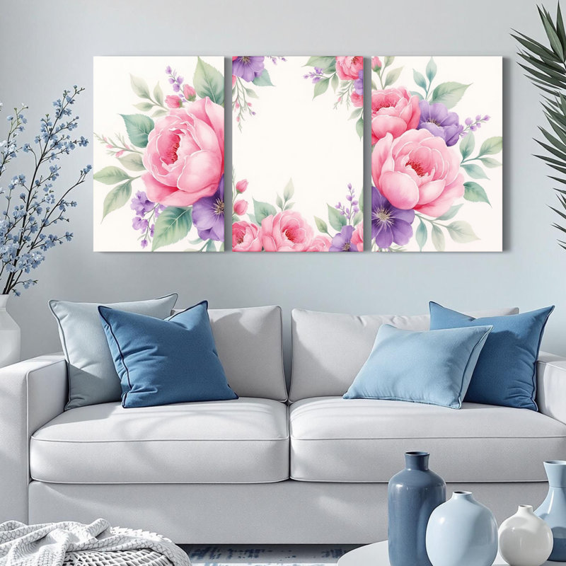 Reproduction d'art sur toile tendue à motif floral rose, ensemble de 3, H 36 po x l 72 po