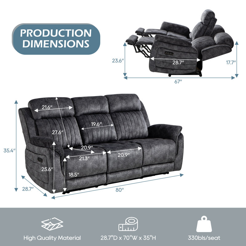 Zero Gravity Reclining Sofa with Adjustable Headrest and Drop Down Table, Gray