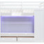 Lit mezzanine double blanc avec tiroirs multiples, tablettes ouvertes, garde-robe et éclairage à DEL pour espaces adultes dans des compartiments cachés-466114959