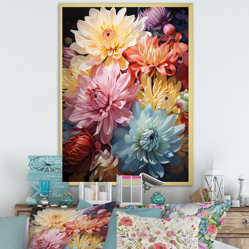 «Mums With Its Caractéristic Curved Stems I», reproduction sur toile, H 32 po x l 24 po x P 1 po, Cadre doré simple
