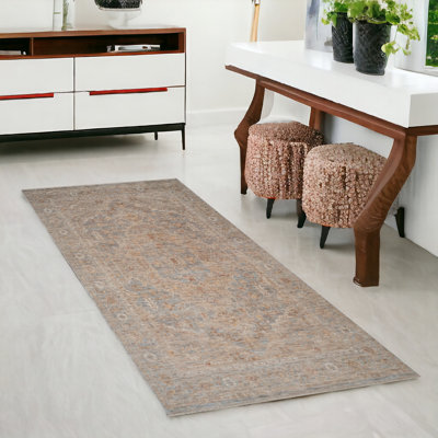 Tapis de couloir à médaillon floral 3 pi x 6 pi bleu et sable avec franges