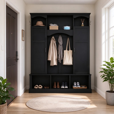 All-in-one farmhouse arched hall tree entryway closet system with dual adjustable cabinets, 7 metal hooks and open shoe storage bench, black