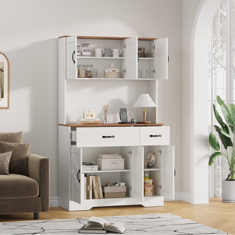 Pantry Cabinet with Charging Station,71" Kitchen Storage with Microwave Shelf, Farmhouse-Style Kitchen Hutch with Drawers and Adjustable Shelves, Ideal for Dining Room Use
