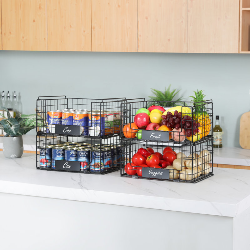 4 Pack XXL Stackable Wire Baskets with Handles for Pantry Storage and Organization, Fruit and Vegetable Basket with Name Plates, Metal Storage Bins for Snack Can Fruit Vegetables
