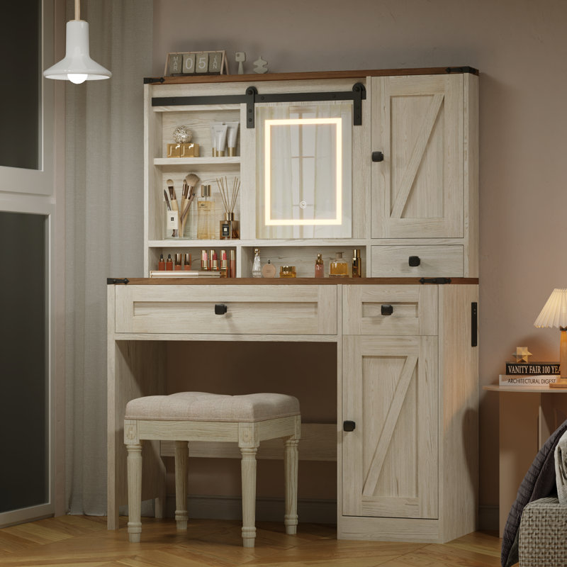 42" Farmhouse Makeup Vanity Desk with Lighted Mirror, Power Strips, and Sliding Barn Door – Features Open and Hidden Shelves, Drawers, and Jewelry Cabinet, Adjustable Lighting, Perfect White Dressing Table, Gray