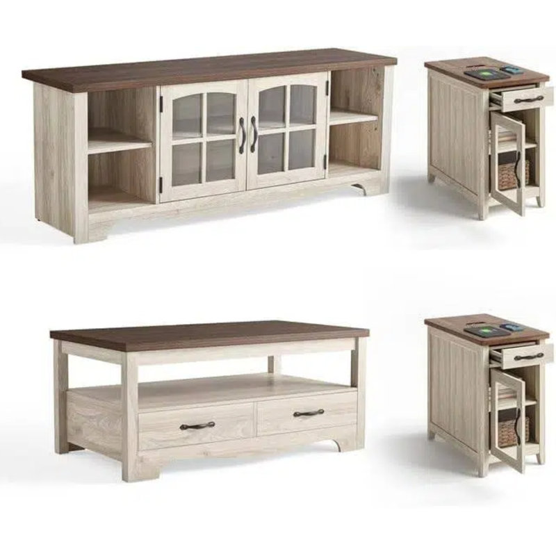 4-Piece Living Room Table Sets, Brown/White