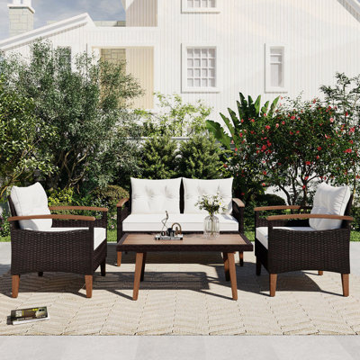 4-Piece Garden Furniture, Patio Seating Set, PE Rattan Outdoor Sofa Set, Wood Table and Legs, Brown by Red Barrel Studio