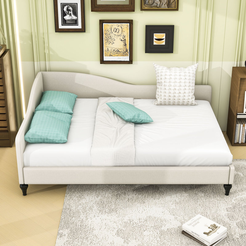 Modern L-Shaped Linen Upholstered Daybed with Support Leg, Beige, Full/Double
