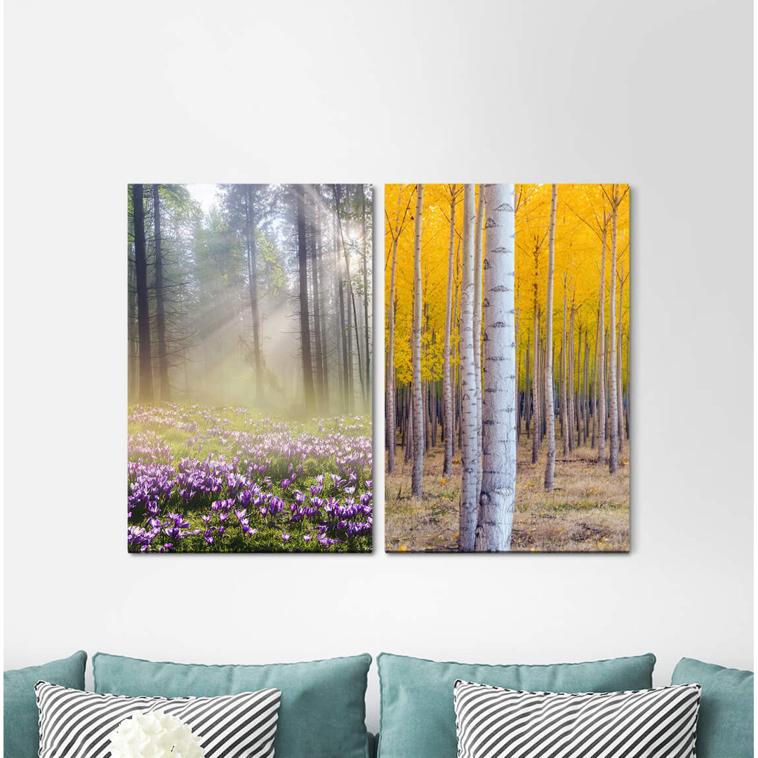 2-tlg. Leinwandbilder-Set - Fotografie „Forest Spring Forest Flowers Birches Yellow Idyllic Relaxing”