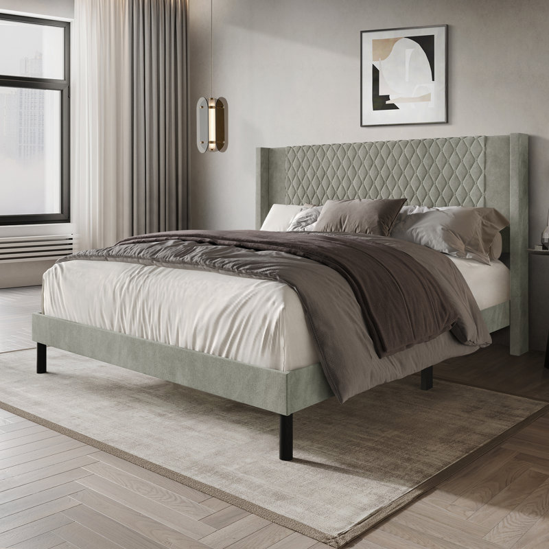 Velvet Platform Wingback Bed , Queen, Gray