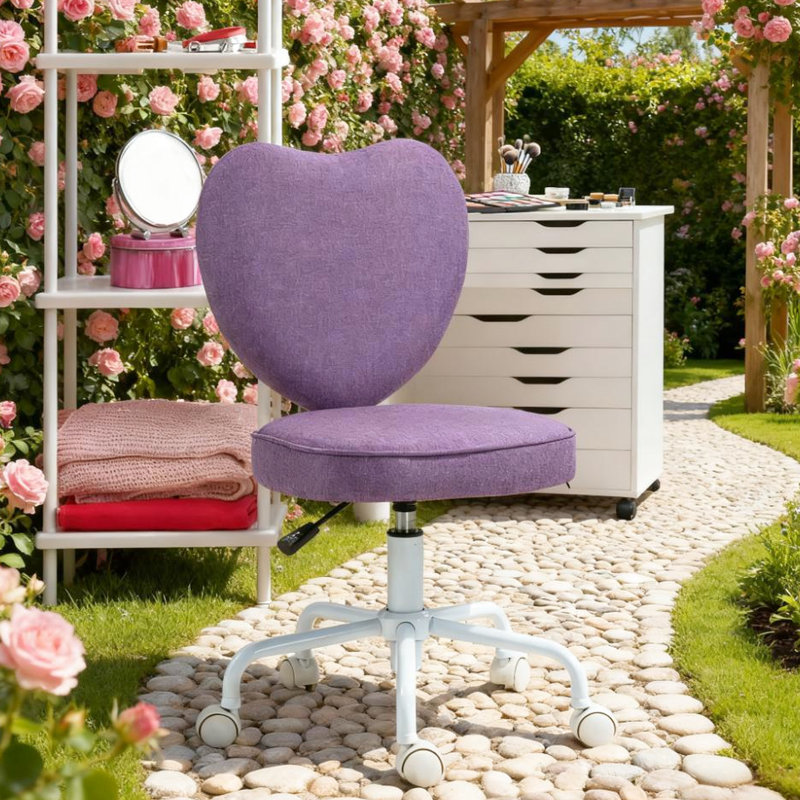 Chaise de bureau à dossier en forme de cœur mauve, réglable en hauteur, pivotante à 360 degrés, tissu en lin et mousse douce, parfaite pour le dortoir de la coiffeuse