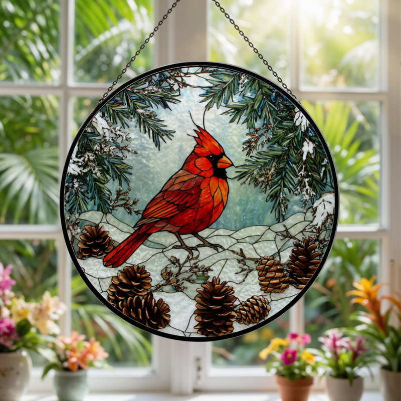 Panneau de vitrail 12 "H Cardinal Winter, H 12 po x l 12 po