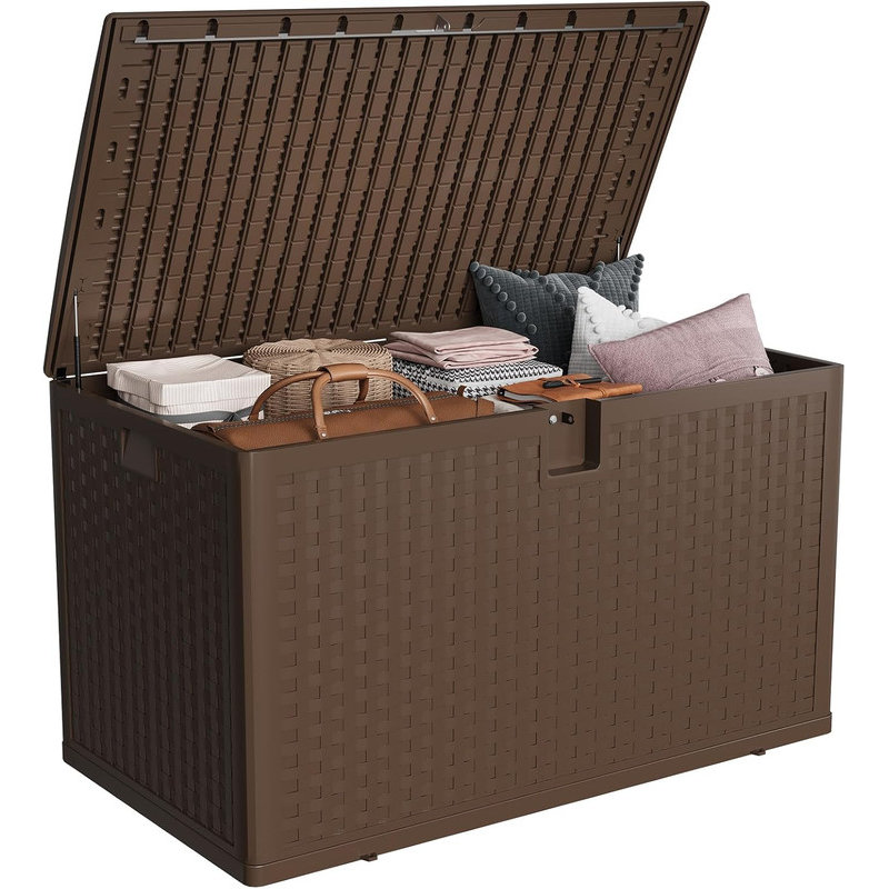120 Gallon Waterproof Outdoor Storage Box, Lockable Plastic Deck Box for Pool & Garden Tools, Brown