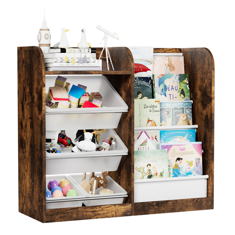 Ankush Bookcase With 4 Plastic Bins & 5 Deep Storage Sling Pockets, Rustic Brown/White