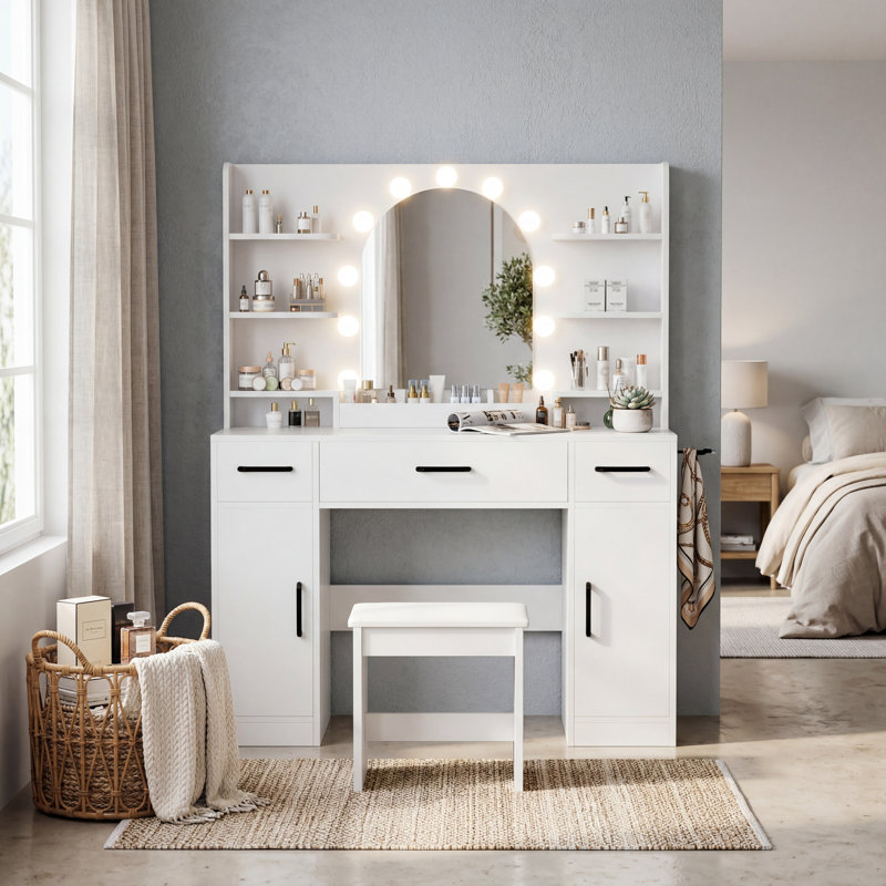 Grand bureau de coiffeuse avec miroir et 10 lumières DEL, 3 tiroirs et 2 tablettes, 3 luminaires réglables pour la chambre à coucher