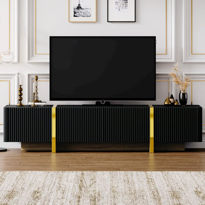 Meuble télé cannelé jusqu'à 80 po: noir avec rangement et pieds en bois doré 80 po, noir. Panneaux et pieds de console de divertissement moderne. Armoires à tiroirs pour