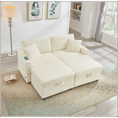 Comfortable Fluffy Corduroy Lazy Sofa with Double Ottomans and Table Board for Chailiving