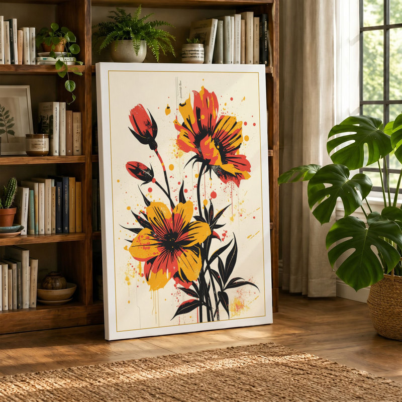 Vibrant Dahlia Study Botanical - Wrapped Canvas, 36x24 - 91.4 x 61.0 cm, Teal Border