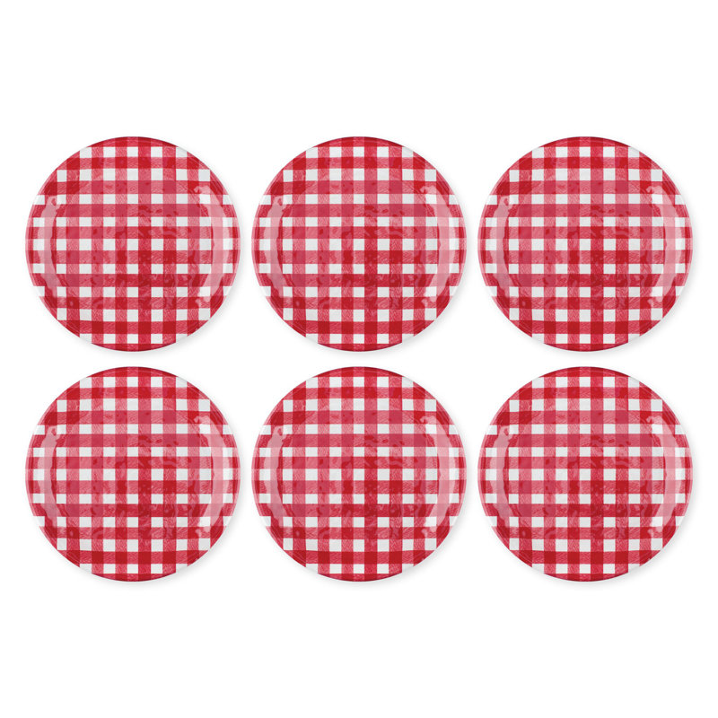 6-Piece Gingham 9" Melamine Plates., Red