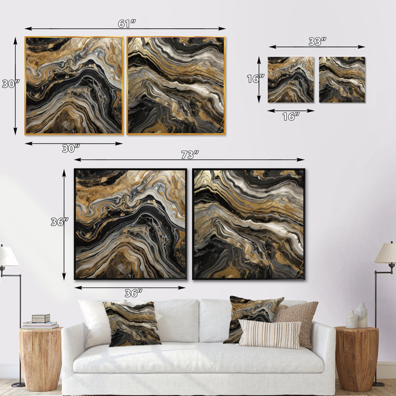 Exploration des profondeurs de la géode dorée noire - ensemble de 2 collages carrés abstraits en marbre, Toile tendue