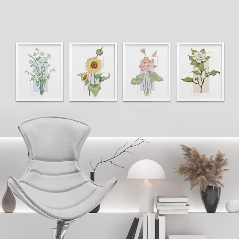 Bouquet de fleurs sauvages colorées - ensemble de 4 reproductions de cadres photo, Blanc, H 14 po x l 11 po