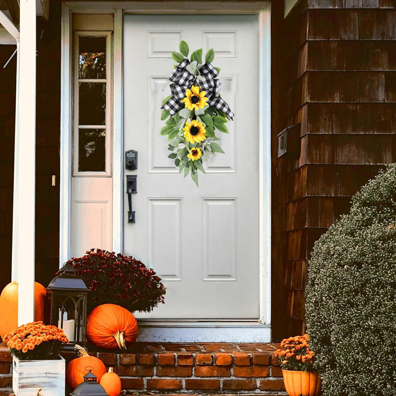 , Vert / jaune, automne, larme, drapeaux, tournesol, Noël, guirlande de tournesol artificielle avec feuilles de verdure, boucles rustiques, drapeaux suspendus pour porte d'entrée