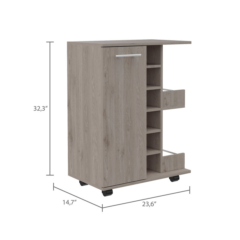 Chariot-bar à 2 tablettes et 6 bouteilles avec division, Gris