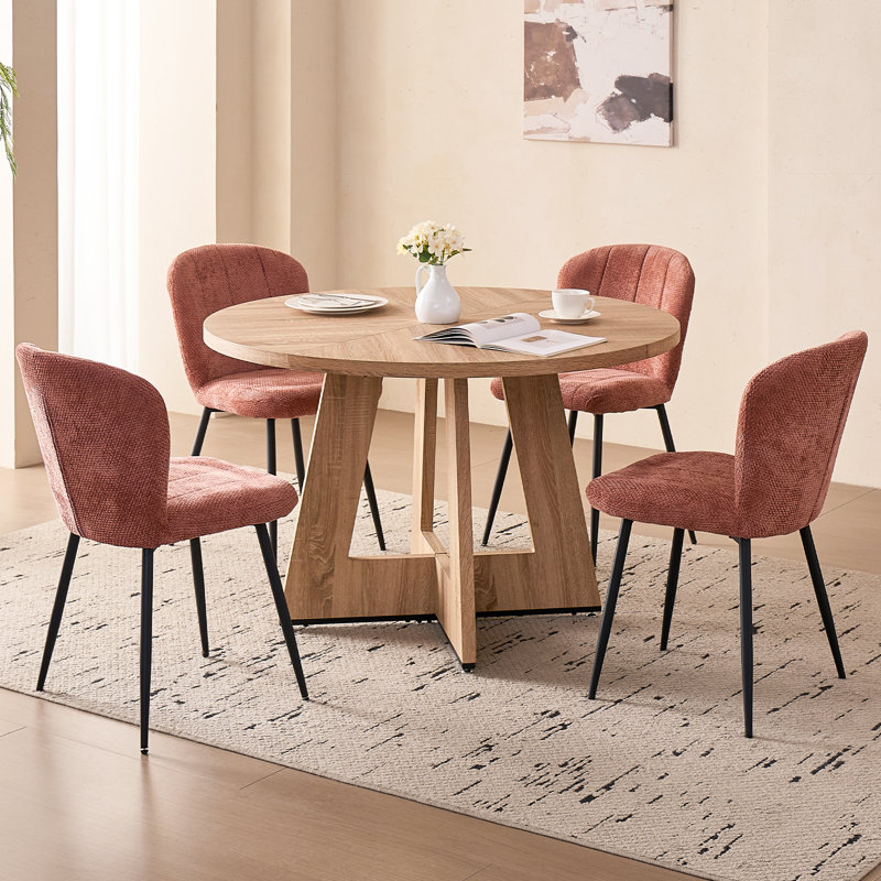 Ensemble de salle à manger moderne 5 pièces, grain de bois naturel et 4 chaises rembourrées vertes, Naturel, Vert