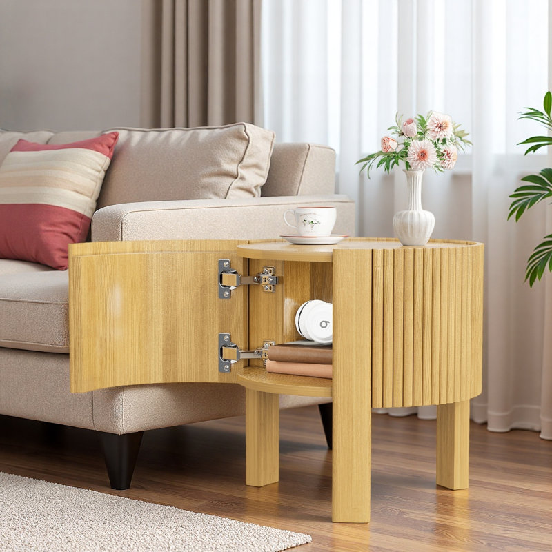 Table d'appoint ronde cannelée avec rangement et porte à fermeture en douceur