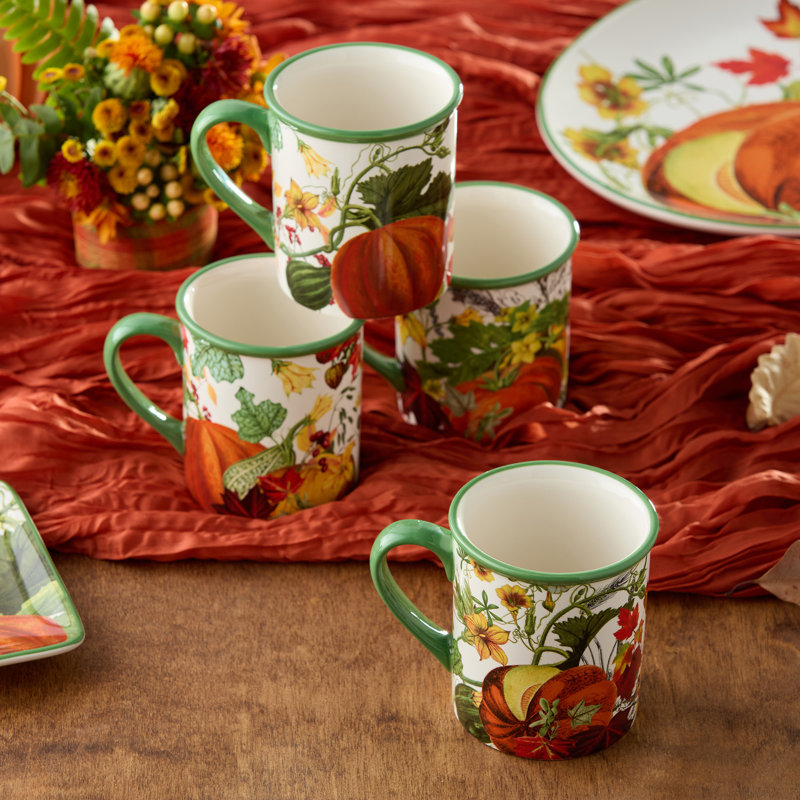 Ensemble de 4 tasses à café Farmhouse avec motifs de citrouilles d'automne assortis - Parfait pour le café, le thé, le cacao chaud et le cidre - Va au micro-ondes et au lave-vaisselle
