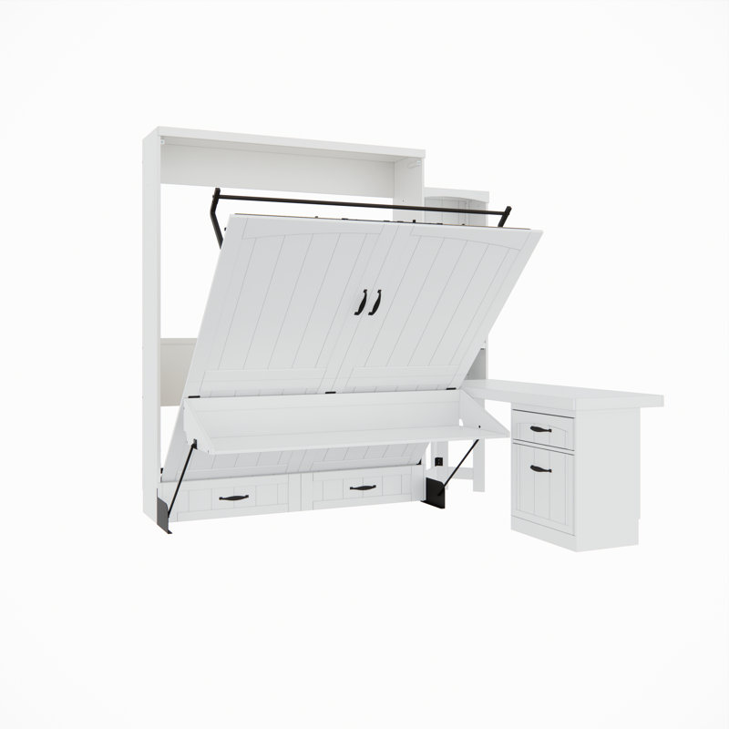 Grand lit plateforme avec rangement en bois massif Junxi, Blanc