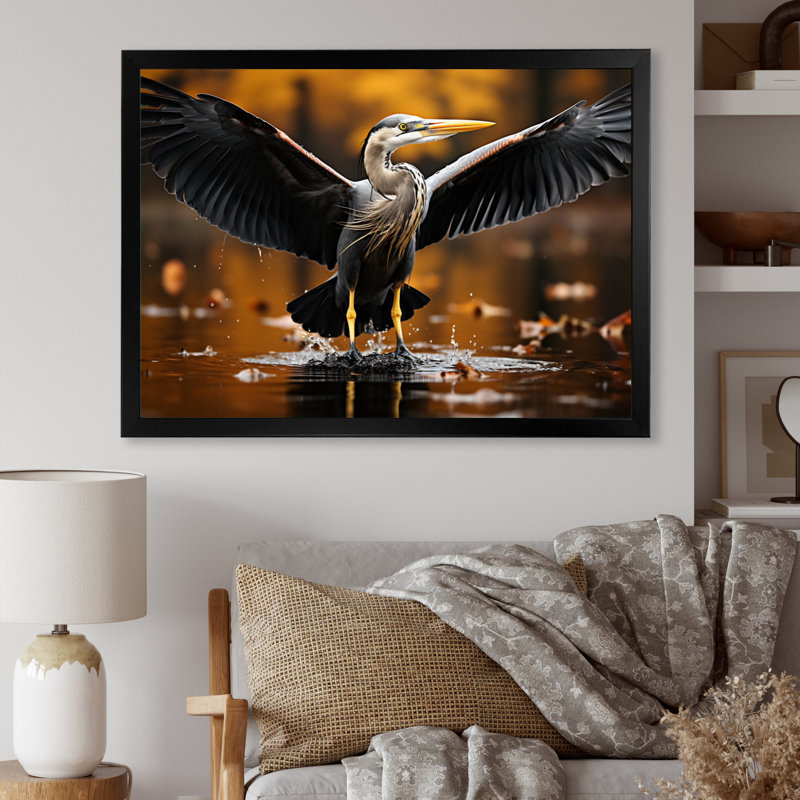 «Yellow Black Heron Elegance» dévoilé sur toile, H 34 po x l 44 po x P 1,5 po, Cadre photo noir