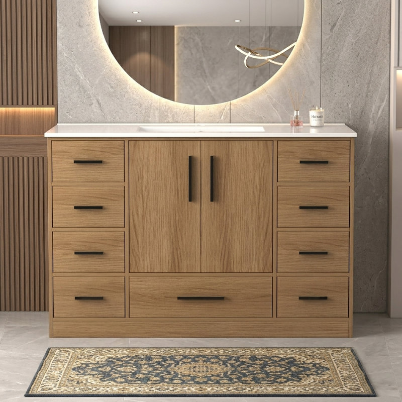 48" Light Oak Bathroom Vanity with Resin Single Sink, 2 Soft-Close Doors and 9 Drawers, Light Oak