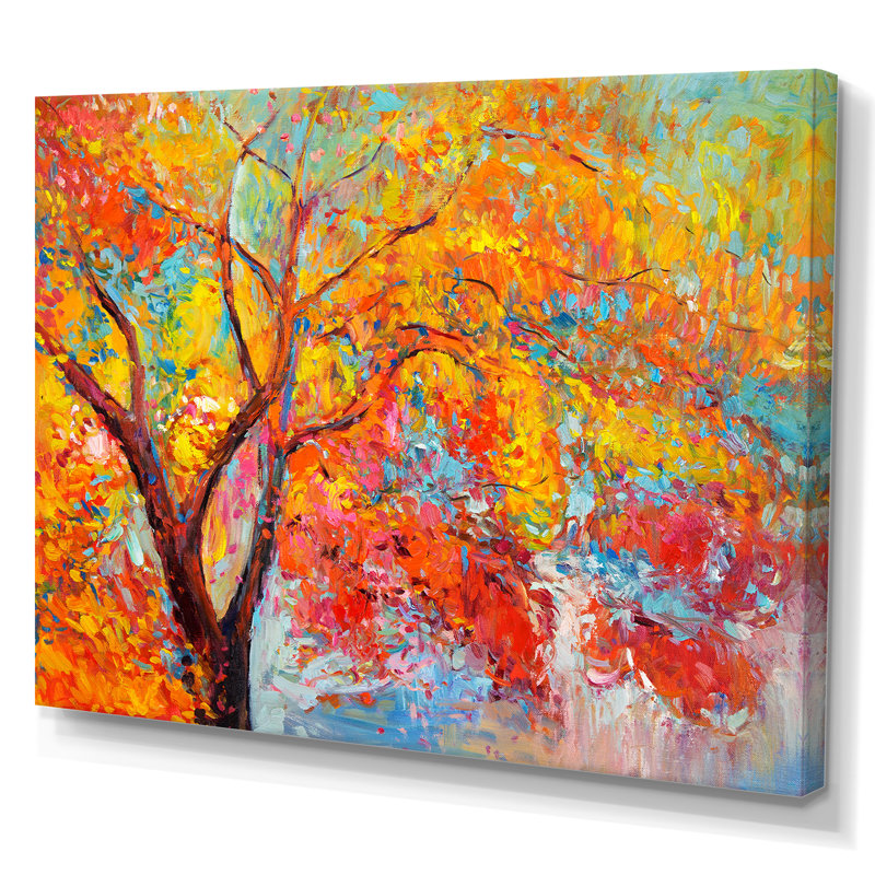 Arbre en orange jaune et rouge - reproduction d'automne sur toile, H 8 po x l 12 po x P 1 po, Toile tendue