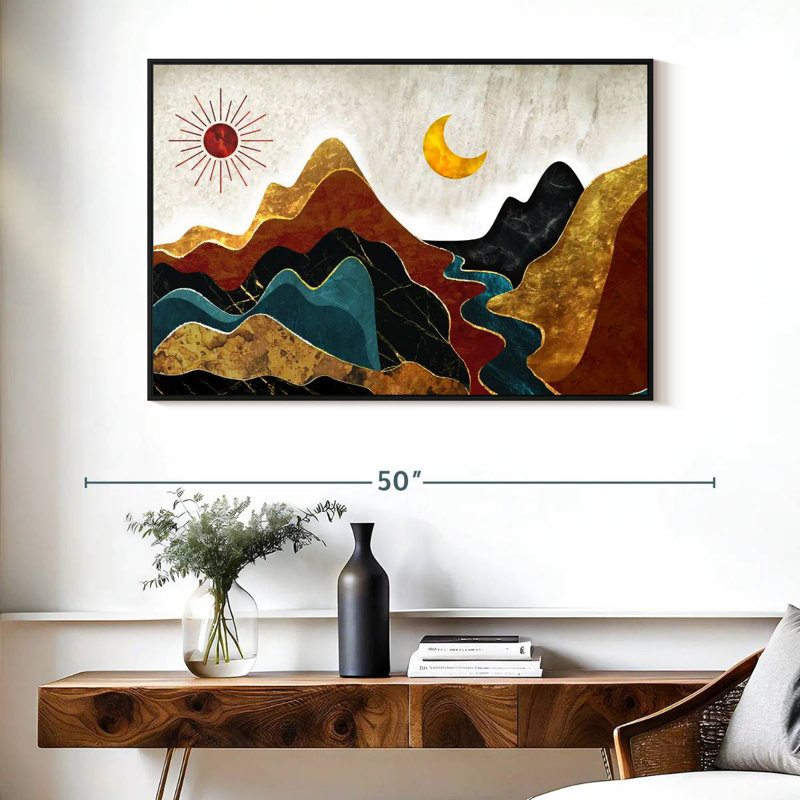 Paysage de montagne texturé abstrait, Cadre flottant noir, 40 po x 27 po