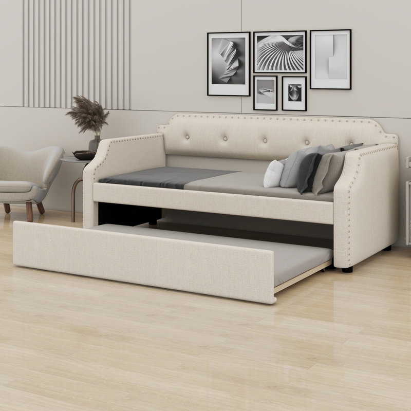 Upholstered Daybed With Trundle, Wood Slat Support,Upholstered Frame Sofa Bed, Beige
