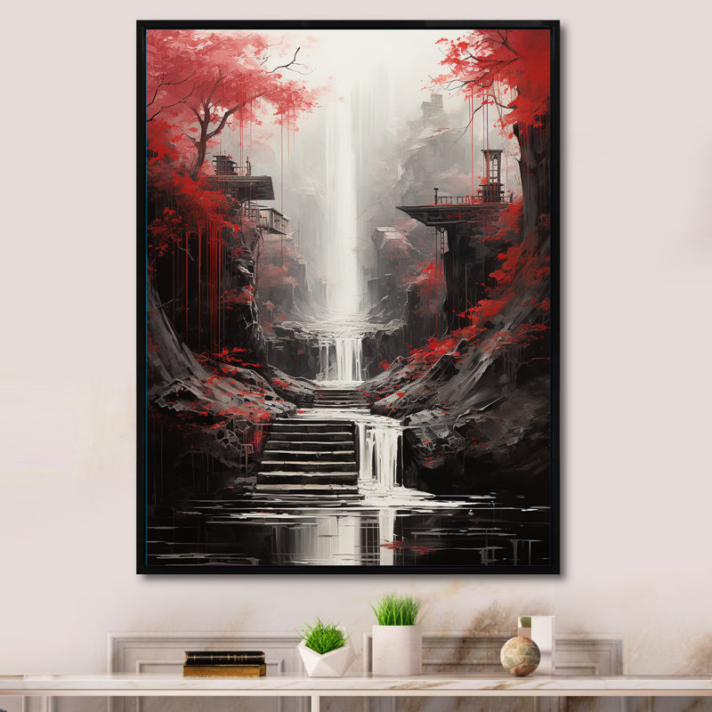 «Red Tree Endless Waterfall Journey», art sur toile, 44" H x 34" W, Cadre flottant noir
