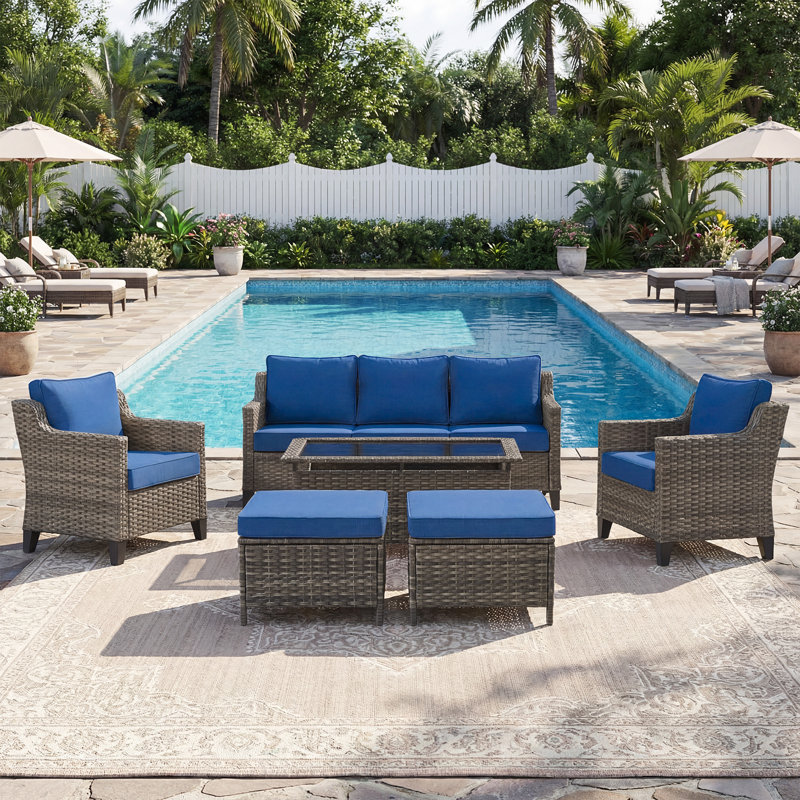 Arlene 6-Piece Outdoor Courtyard Patio Conversation Set With Coffee Table, Blue