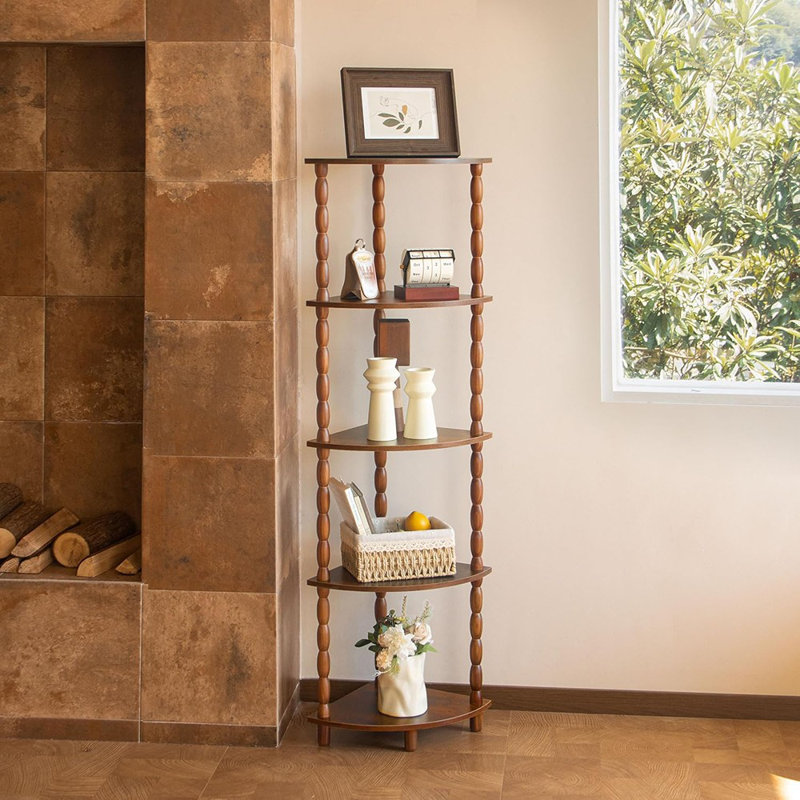 Bibliothèque de coin à 5 niveaux - Étagère brun rustique pour petits espaces, idéale pour la chambre à coucher, la salle de bain, la cuisine ou le salon
