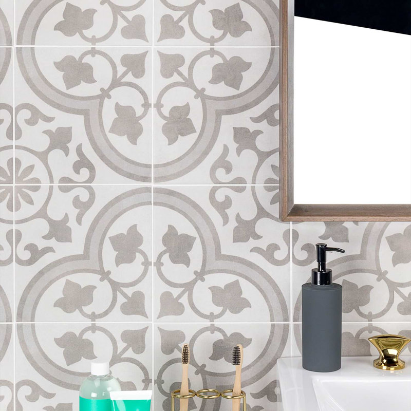 Cascais 9x9 Matte Porcelain Tile, Silver Ornate