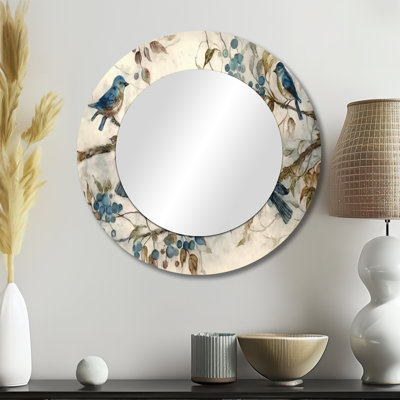 Quatre oiseaux bleus rétro sur une branche IV - décor de miroir mural unique oiseau