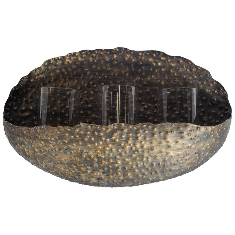 12" Bronze Distressed Hammered Glass And Metal Hurricane Candle Holder