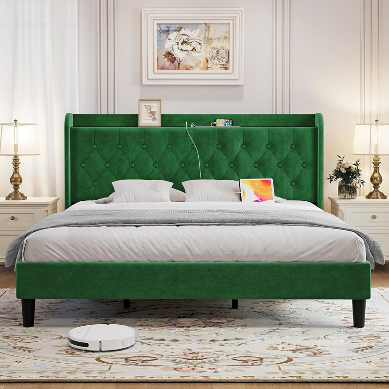 Tufted Velvet Upholstered Bed with Charging Station & Storage Shelf , King, Green