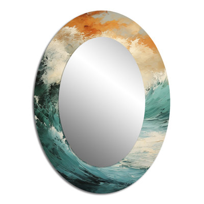 Modern Coastal Blue And Gold Wave - Coastal Oval Decorative Mirror On Metal