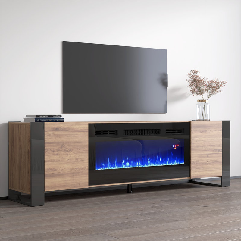 Rickeisha 77.2" Modern TV Stand with Electric Fireplace, High Gloss Finish, Media Storage, Oak/Gray
