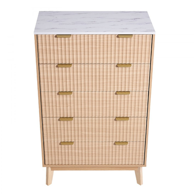 5 Fluted Drawer Dresser, Wooden Chest of Drawers with Sliding & Anti-tip Device, Modern Minimalist Dresser Chest, Closet Storage Organizer for Living Room, Hallway, Bedroom, Entryway, Light Wood