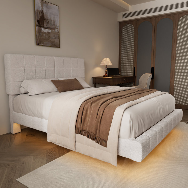 Lit flottant blanc avec lumière et grand lit blanc, Grand