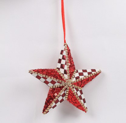 Sequined And Checkered Star Christmas Ornament - 6" - Red