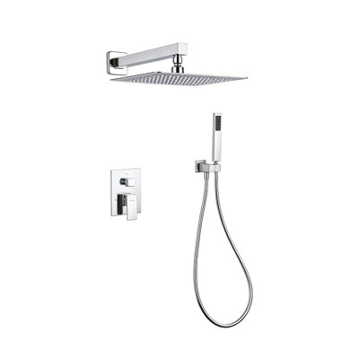 Système de douche encastré en chrome poli 0Ontz, ensemble de douche mural 2 fonctions en laiton massif avec pomme de douche à jet de pluie haute pression carrée et douche à main à jet simple, robinet mélangeur d'eau froide à deux poignées pour salle de bain