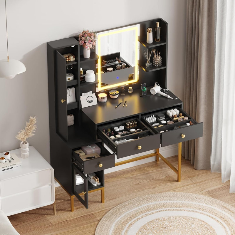 Makeup Vanity and Stool, Vanity Desk with Lights in 3 Colors, Vanity Table with Charging Station, Visible Cabinet with Led Lights
